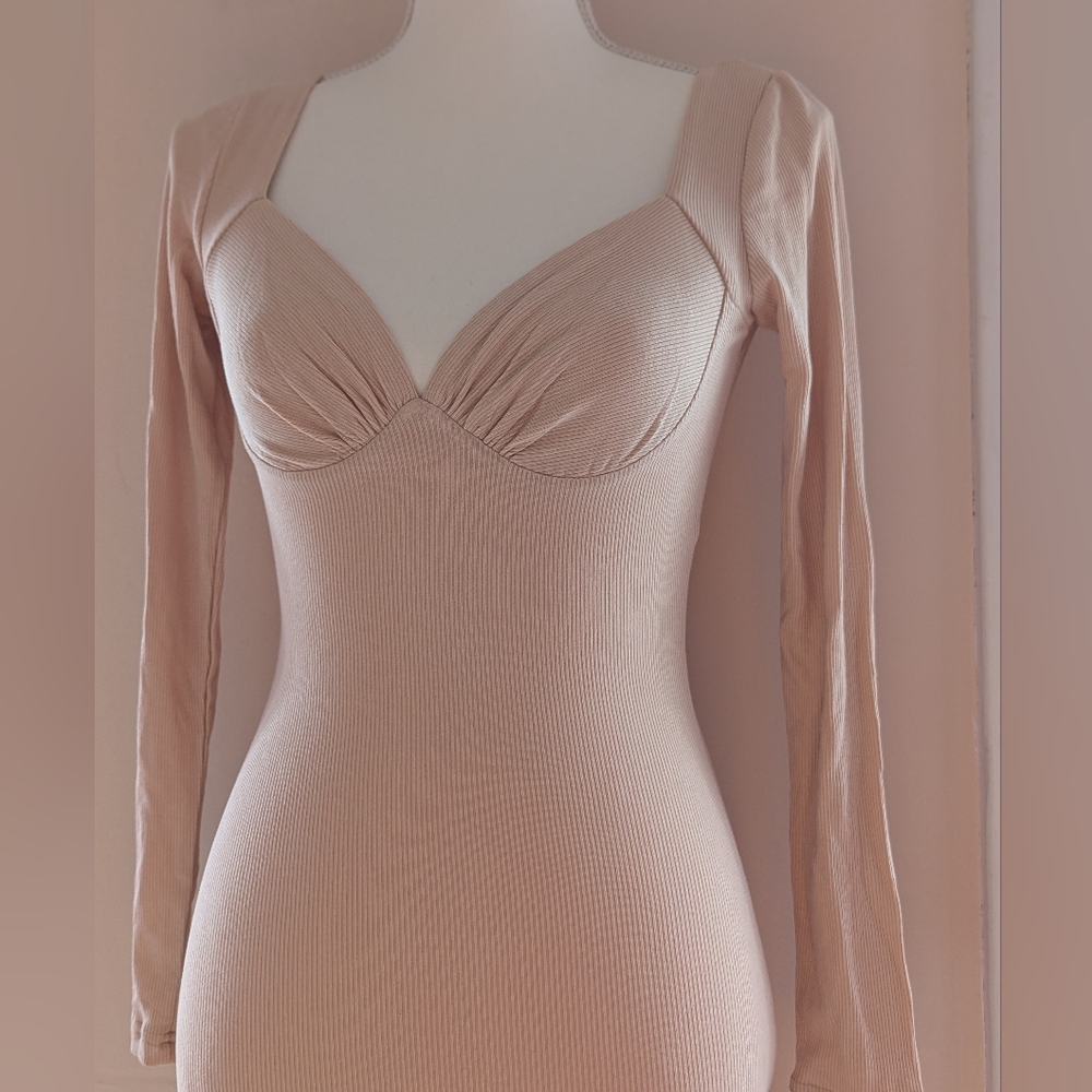 Princess Polly Danae Long Sleeved Rib Knit Body Con Mini Dress Sz 2 Beige NWT